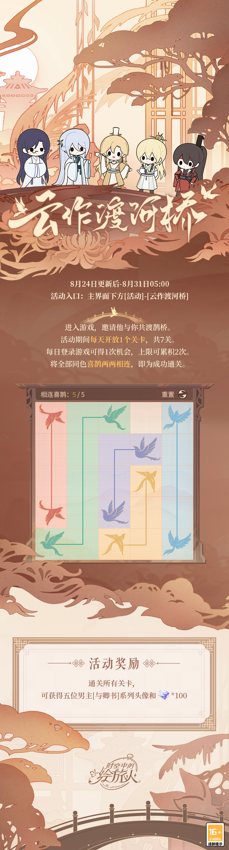 《时空中的绘旅人》全新活动「云作渡河桥」8月24日开启！鹊羽翻飞织云桥，两心相契渡银河